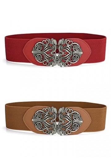 Allegra K Ceintures élastiques larges pour femmes avec boucle en métal floral pour robes, Marron/rouge, Fit Waist Girth:58cm/