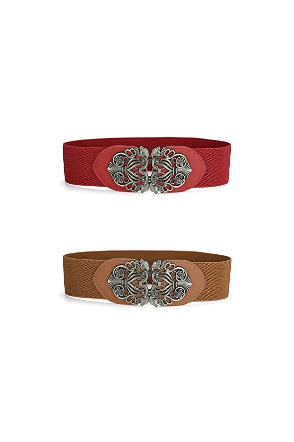 Allegra K Ceintures élastiques larges pour femmes avec boucle en métal floral pour robes, Marron/rouge, Fit Waist Girth:58cm/