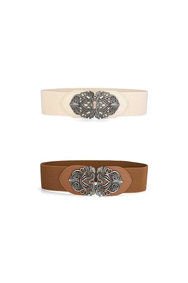 Allegra K Ceintures élastiques larges pour femmes Ceintures extensibles à boucle métallique florale pour robes Marron & Beige