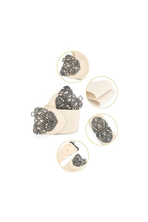 Allegra K Ceintures élastiques larges pour femmes Ceintures extensibles à boucle métallique florale pour robes Marron & Beige