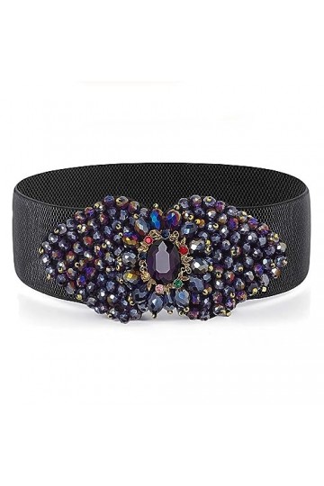 Bohend Perle Fleur Ceinture élastique Noir Large Ceinture extensible Perles de cristal Ceintures de taille pour Robe Ceinture