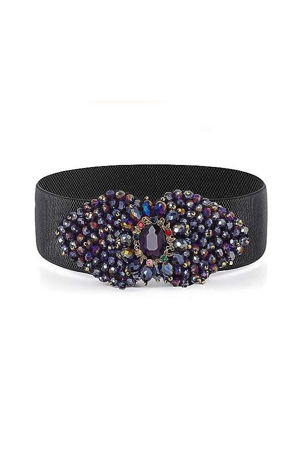 Bohend Perle Fleur Ceinture élastique Noir Large Ceinture extensible Perles de cristal Ceintures de taille pour Robe Ceinture