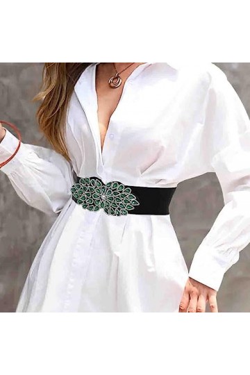 Bohend Fleur de cristal Ceinture élastique Large Ceinture extensible Strass Ceintures de serrage pour Robe Ancien Ceinture po