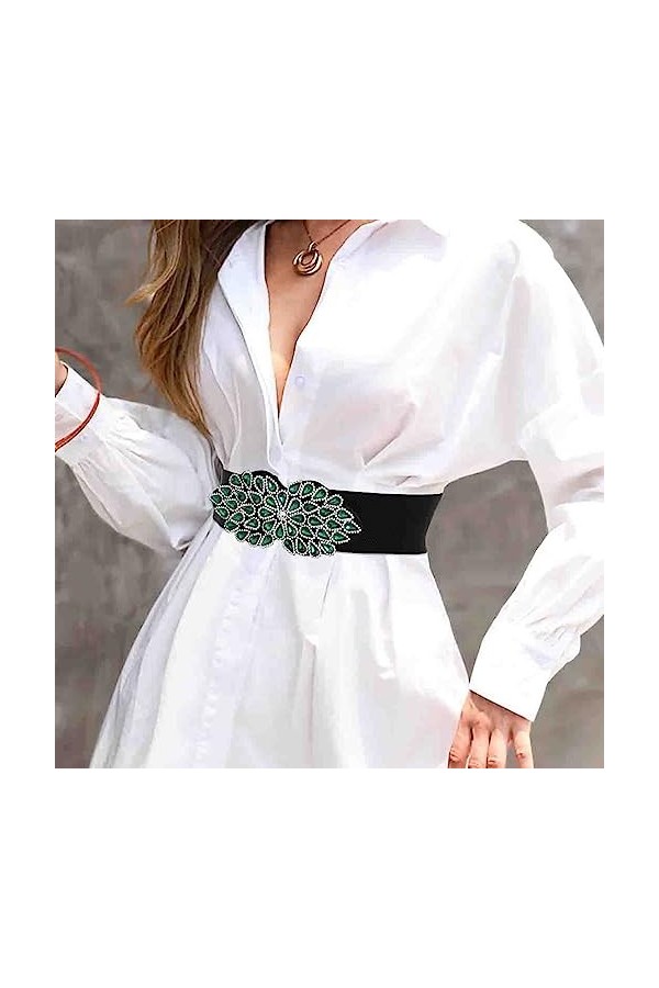 Bohend Fleur de cristal Ceinture élastique Large Ceinture extensible Strass Ceintures de serrage pour Robe Ancien Ceinture po