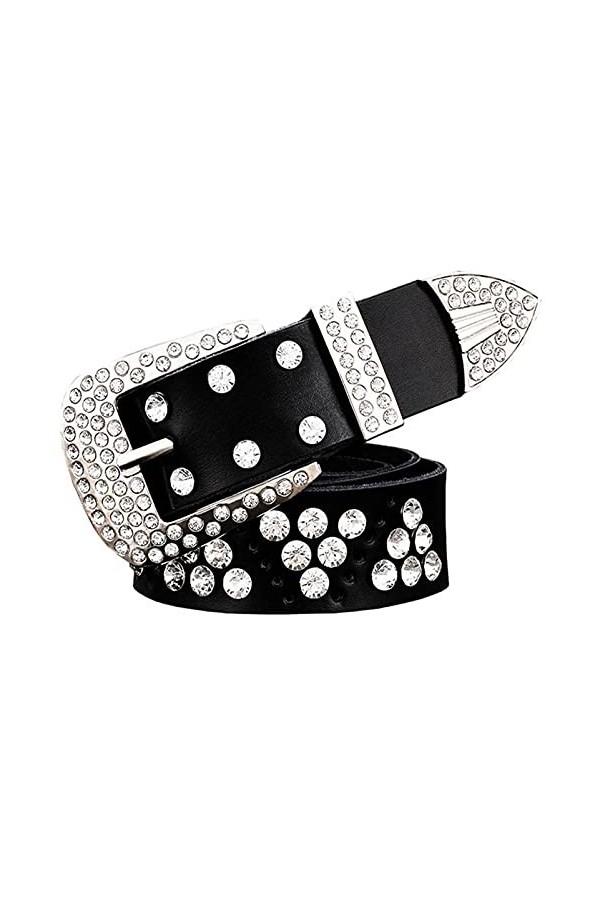 Ceinture en cuir de vache à deux couches avec strass, Ceinture blanche 7, 115 cm