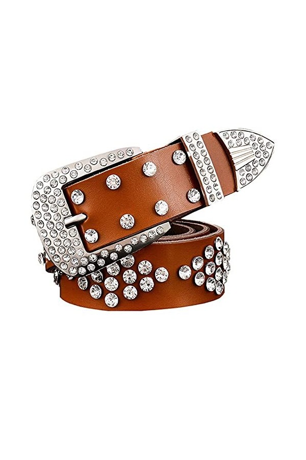 Ceinture en cuir de vache à deux couches avec strass, Ceinture blanche 7, 115 cm