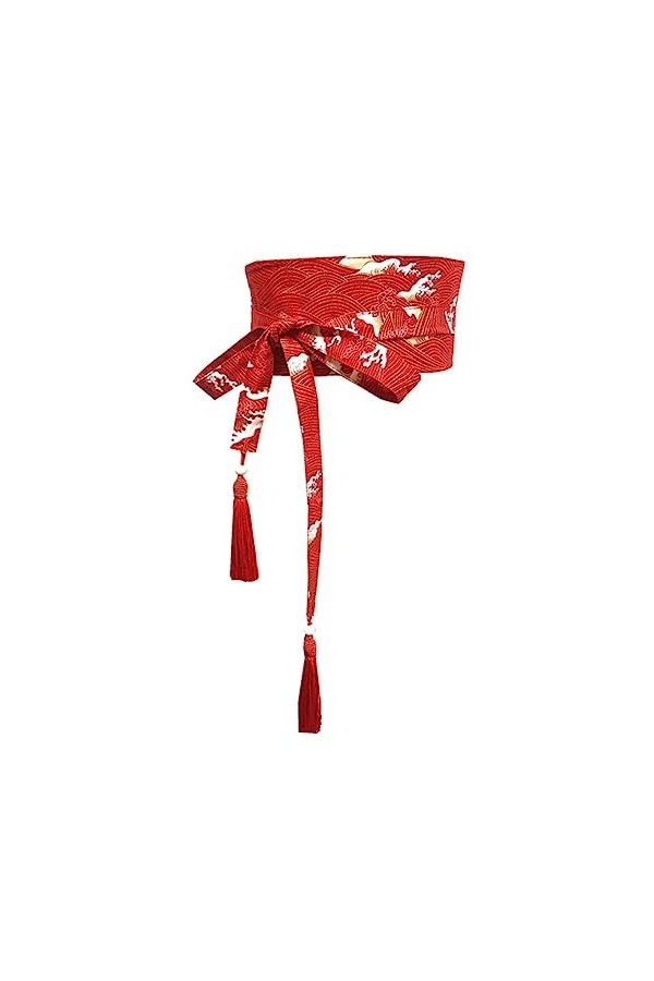 Japonais Traditionnel Kimono Ceinture Femmes Corset Tassel Ceinture Bleu Vague Motif Large Ceinture Yukata Grue Haori Obi Asi