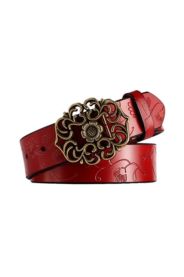 Aivtalk Ceinture Femme Cuir Gaufré pour Jeans Pantalon Ronde Sculpté Boucle Large Ceinturon Longeur 110cm - Rouge