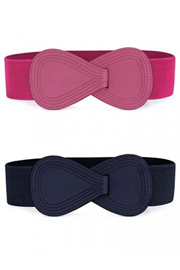 Allegra K Ceinture élastique pour femme avec boucle interlock Strethy Ceinture pour robe Bleu marine et rose rouge 68.6cm/27"