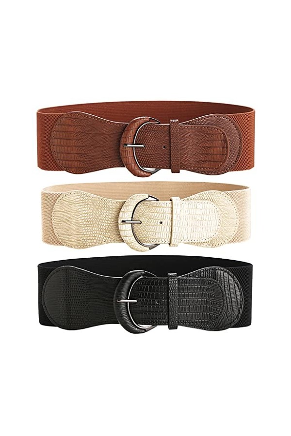 He-Ju Lot de 2/3 ceintures de taille pour femme - Noir et marron et beige - Large ceinture pour femme - Avec boucle, Lot de 3