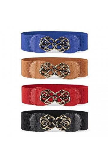 JasGood Lot de 4 ceintures larges pour femme - Ceinture élastique tendance en cuir extensible pour robe, C-noir+marron+bleu+r