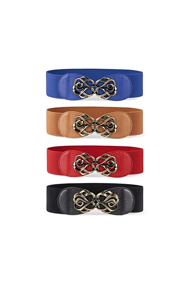 JasGood Lot de 4 ceintures larges pour femme - Ceinture élastique tendance en cuir extensible pour robe, C-noir+marron+bleu+r