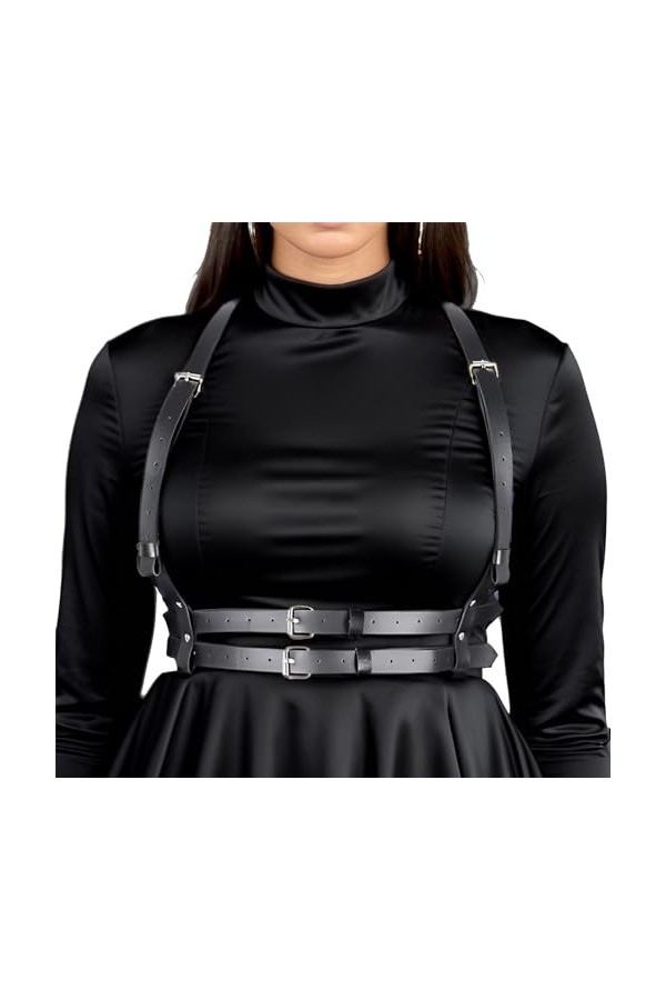 ENSVON Chaîne de corps punk en cuir noir pour femme - Ceinture réglable, Noir-002, taille unique