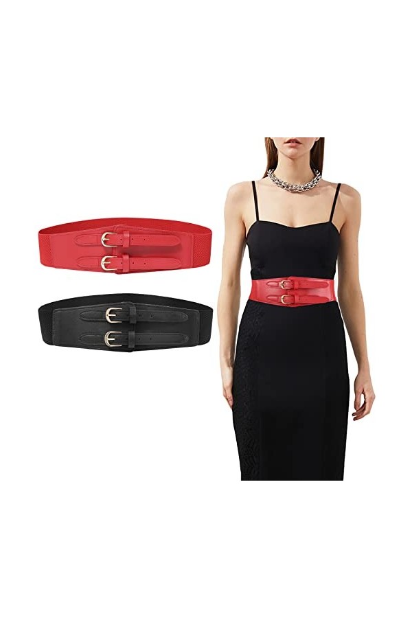 2 pièces Ceinture élastique pour femmes - Ceinture de taille large de 6 cm à double boucle Ceinture réglable pour dames à la 