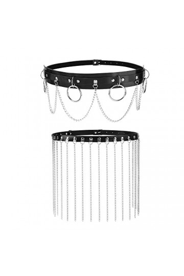 CHIC DIARY Lot de 2 ceintures hip-hop avec chaîne - Ceinture décorative pour robe - Jeans - Style gothique - Noir