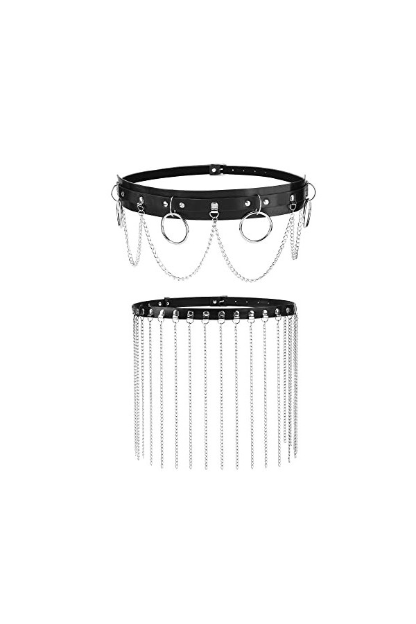 CHIC DIARY Lot de 2 ceintures hip-hop avec chaîne - Ceinture décorative pour robe - Jeans - Style gothique - Noir