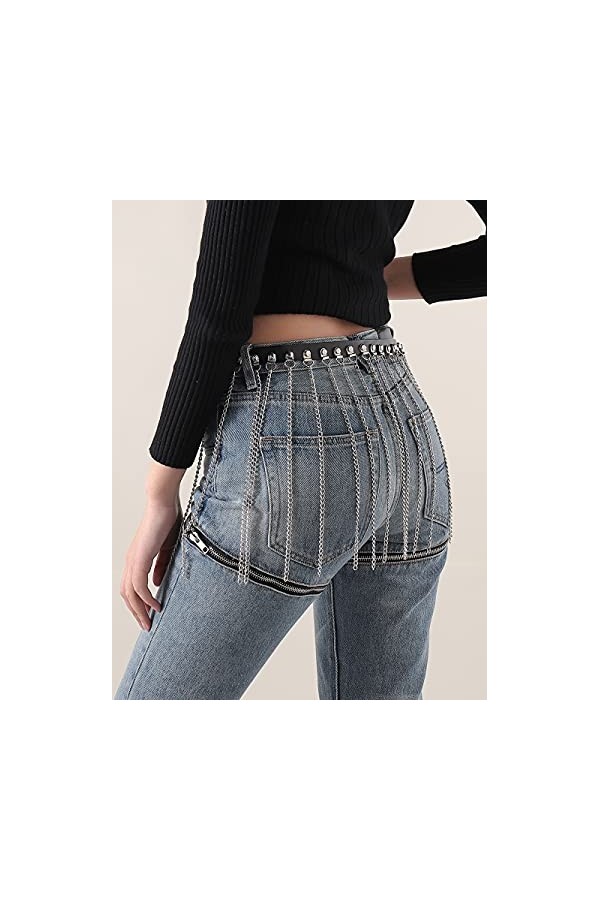 CHIC DIARY Lot de 2 ceintures hip-hop avec chaîne - Ceinture décorative pour robe - Jeans - Style gothique - Noir