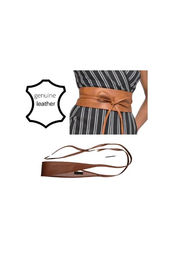 ZOULOO Ceinture Large En cuir veritable Pour Femme Style ObI , Ceinture En Cuir grainé, MARRON Naturel, Ceinture a Nouer Tail