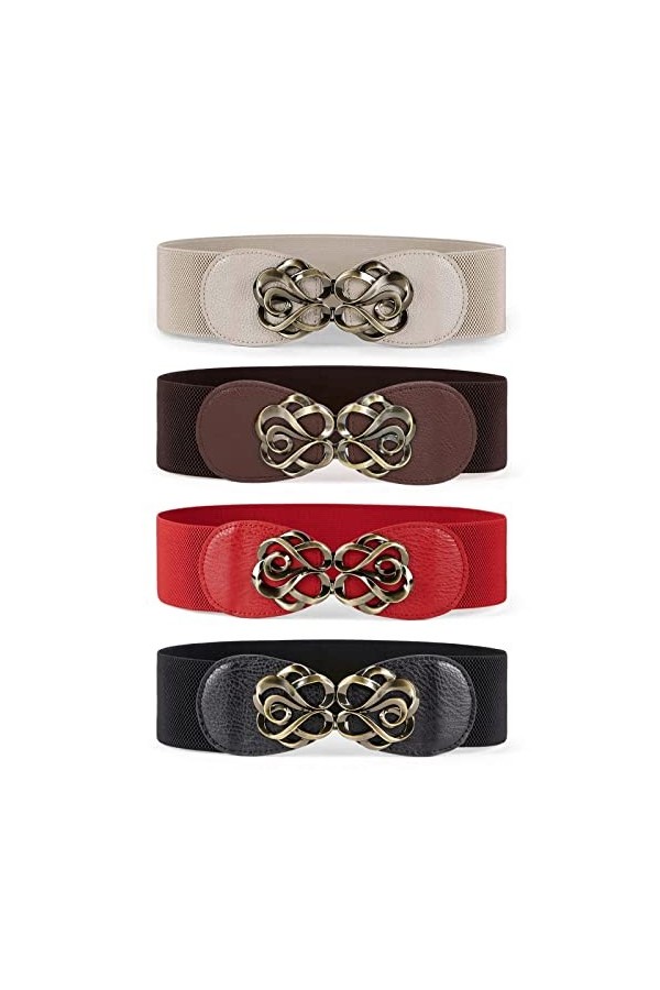 JasGood Lot de 4 ceintures larges pour femme - Ceinture élastique à la mode - Ceinture en cuir stretch pour robe, F-noir+café