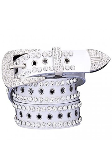 Ceinture en cuir de vache à deux couches avec strass, Ceinture blanche 7, 115 cm