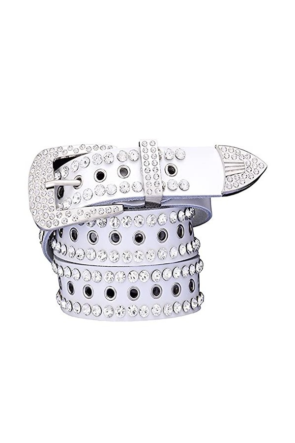 Ceinture en cuir de vache à deux couches avec strass, Ceinture blanche 7, 115 cm