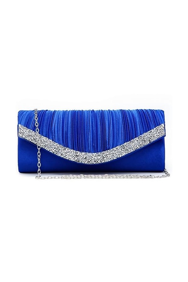 Dasein Sacs de soirée en satin pour femme avec strass pour fête de mariage, sac à main habillé avec chaîne dépaule, bleu, Ap