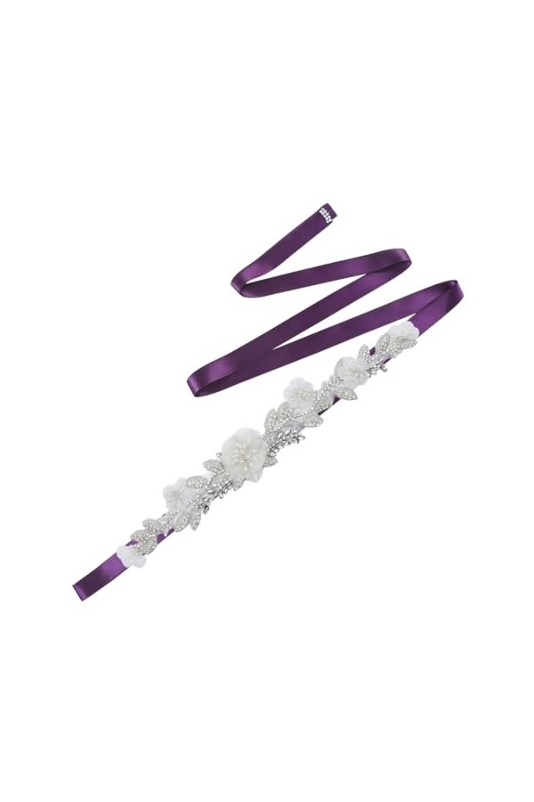 Disimlarl Ceinture de mariage avec perles et fleurs - Ceinture pour femme - Ceinture en strass, Ruban violet., taille unique