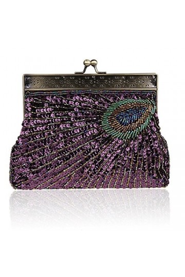 YYW Pochette vintage à paillettes bleu sarcelle paon insolite antique perles paillettes sac à main de soirée mode femme éléga