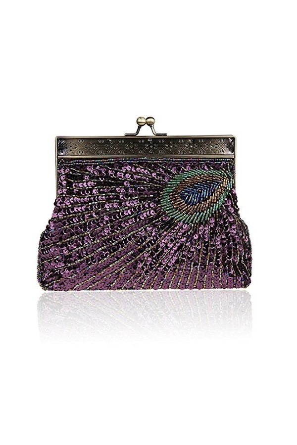 YYW Pochette vintage à paillettes bleu sarcelle paon insolite antique perles paillettes sac à main de soirée mode femme éléga