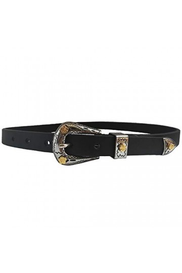 almela Cowboy Ceinture pour femme Boucle tendance vintage. Cuir légitime. Cuir Noir, 80 