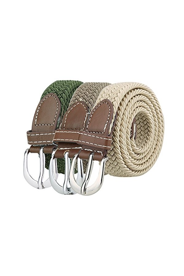 sourcing map Dame Stretch élastique tissé tressé Boucle ceinture alliage occasionnel large 1" Vert armée + Beige foncé + beig