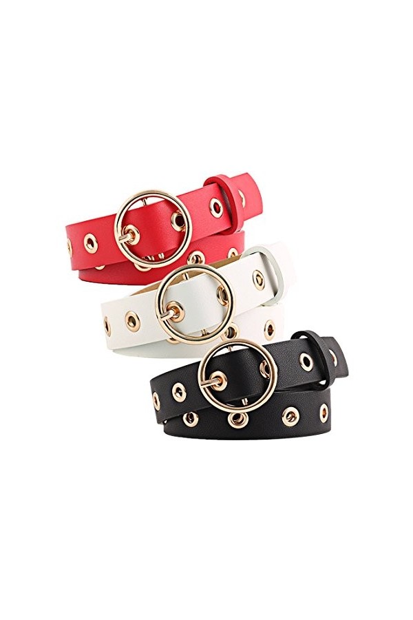 sourcing map trou oeillet cloutés ceinture pu Boucle broche simple large 28 mm 1 1/8 Noir + rouge + blanc Jusquà 35 pouces