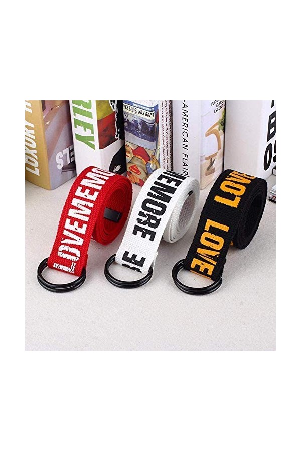 Ceinture pour femme - en tissu - Toile - Love me more - Couleur noire - Vintage - Mode - Inscription jaune - Idée cadeau - Fi