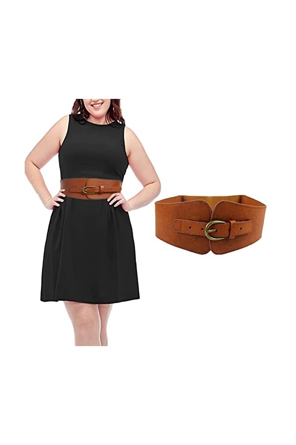 AWOCAN Femmes Cuir PU Élastique Extensible Corset Cinch Ceinture Imprimer Rétro Cinch Large Ceinture, camel, taille unique