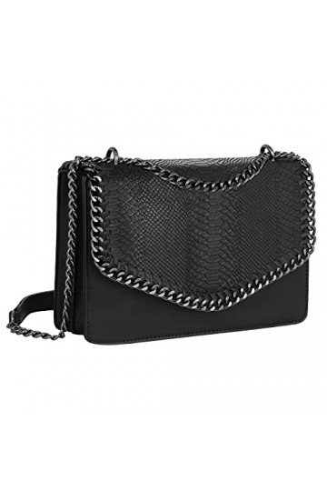 CRAZYCHIC - Sac Bandoulière Femme Chaîne Cuir Serpent Python - Rabat Effet Matelassé Chaînes - Sac à Main Soirée Rigide Porté
