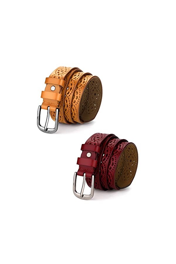 Allegra K Ceintures creuses florales rétro unisexes à boucle ardillon en similicuir pour pantalons jeans Marron rouge 120cm/4