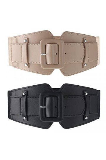 Lot de 2 ceintures larges extensibles pour femme - Style rétro - Boucle large - Pour robes, manteaux, Noir, Camel, taille uni