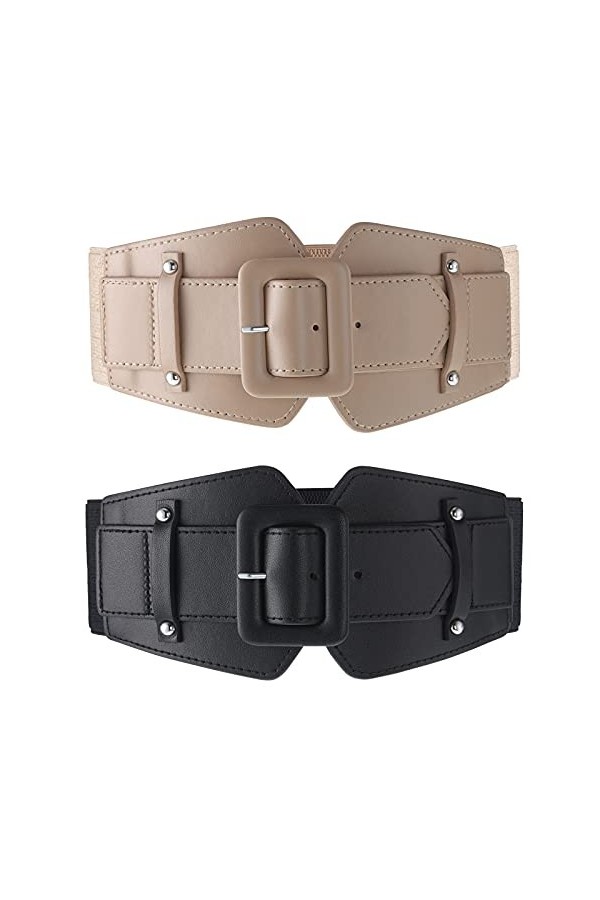 Lot de 2 ceintures larges extensibles pour femme - Style rétro - Boucle large - Pour robes, manteaux, Noir, Camel, taille uni