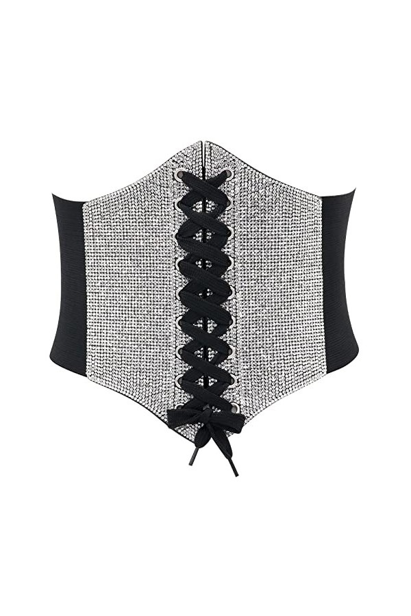 Lamdgbway Corset en cuir à lacets - Ceinture élastique rétro pour femme, Strass Noir, L:taille 31/34"
