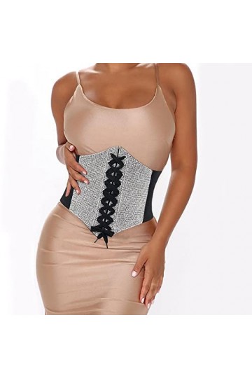 Lamdgbway Corset en cuir à lacets - Ceinture élastique rétro pour femme, Strass Noir, L:taille 31/34"