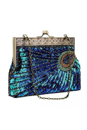 KALINNU Sac de soirée à paillettes pour femme - Motif paon antique - Pour mariage, cocktail, fête, Bleu bleu paon , Taille u