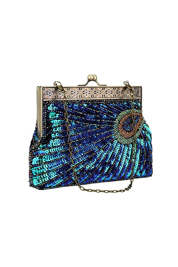 KALINNU Sac de soirée à paillettes pour femme - Motif paon antique - Pour mariage, cocktail, fête, Bleu bleu paon , Taille u