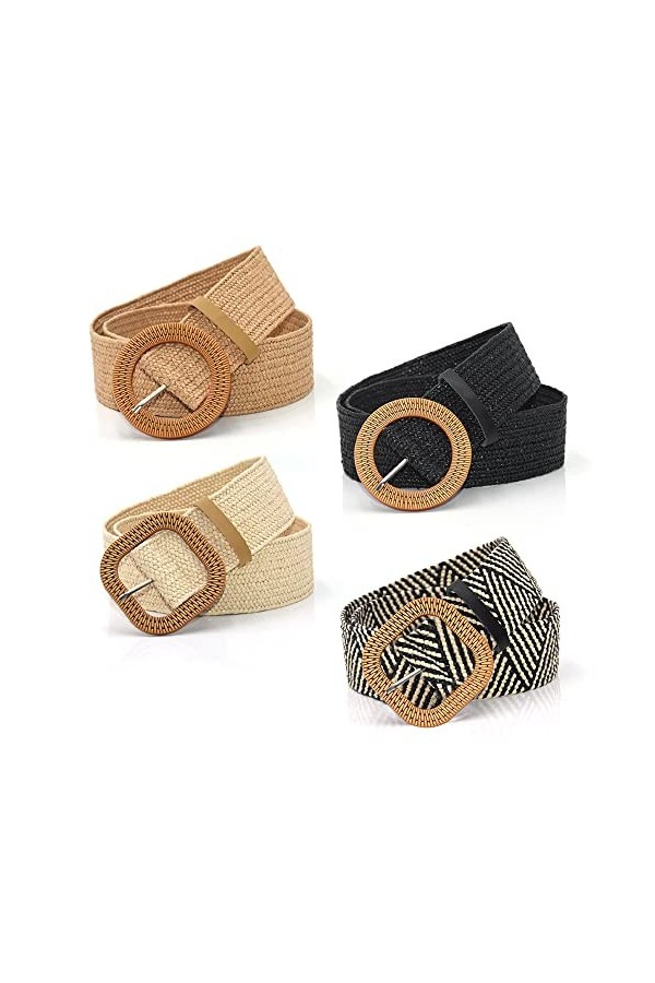 Ceinture élastique tressée en paille - Style bohème - Pour femme, Noir, abricot