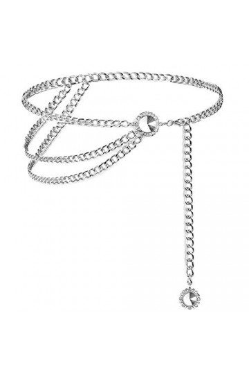 Lamdgbway Ceinture en métal à Plusieurs Couches avec Chaîne pour les Femmes Cristal Argent 110CM