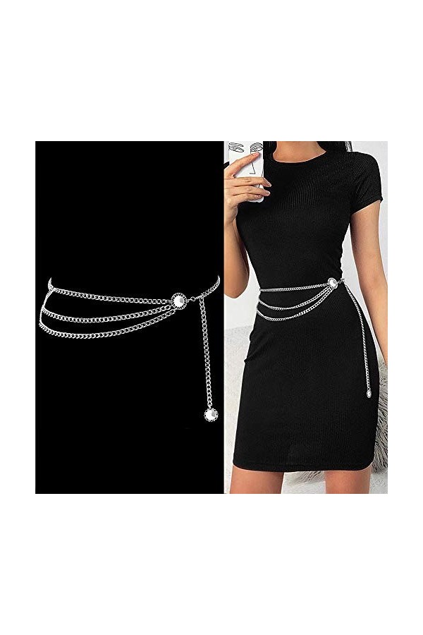 Lamdgbway Ceinture en métal à Plusieurs Couches avec Chaîne pour les Femmes Cristal Argent 110CM