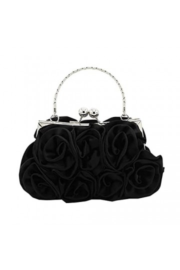 DZOZO Pochette en satin pour femme - Sac de soirée floral - Sac de banquet avec chaîne amovible, a-noir