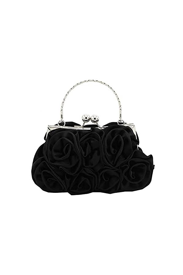 DZOZO Pochette en satin pour femme - Sac de soirée floral - Sac de banquet avec chaîne amovible, a-noir