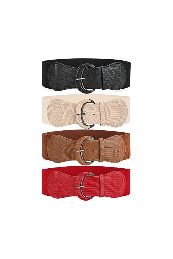 JasGood Lot de 2 ceintures larges élastiques pour femme - Vintage - Pour femme, 5-Noir+Marron+Rouge+Beige, taille 76/95 cm