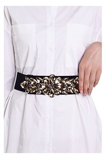 TeeYee Ceinture taille grand strass clouté boucle ajustable élastique tendu pour Femmes L, noir 