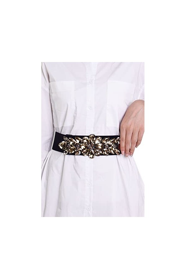 TeeYee Ceinture taille grand strass clouté boucle ajustable élastique tendu pour Femmes L, noir 